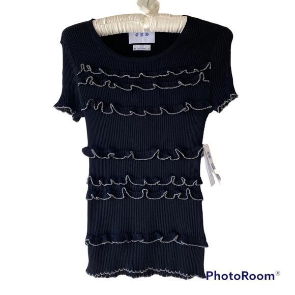 NWT $250 JED Silk Knit Ribbed Ruffles Crewneck Short Sleeve Sweater Tee Black S - Picture 1 of 10